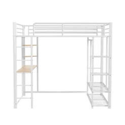 Okwish Lit Mezzanine 140x200 cm, Lit Double Ado avec Bureau Intégré et Échelle Sécurisée, Structure Métal et MDF, Sans Matelas - Blanc Discount