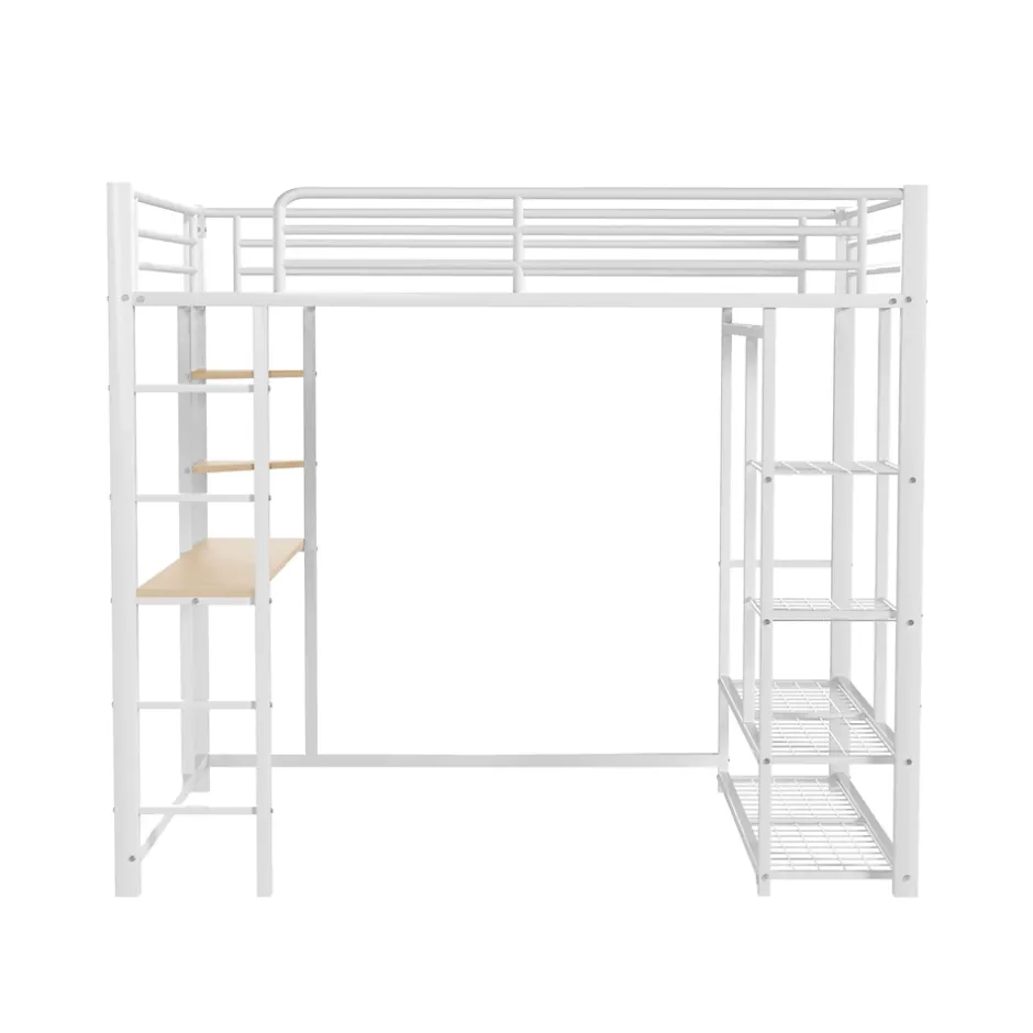 Okwish Lit Mezzanine 140x200 cm, Lit Double Ado avec Bureau Intégré et Échelle Sécurisée, Structure Métal et MDF, Sans Matelas - Blanc Discount