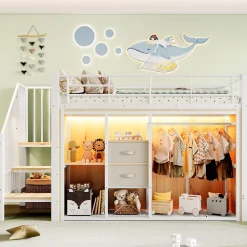 Okwish Lit Mezzanine 90x200 cm, Lit Enfant avec Éclairage LED, Armoire Ouverte, Escalier et Barre de Sécurité - Sans Matelas - Blanc Clearance