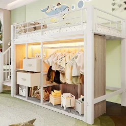 Okwish Lit Mezzanine 90x200 cm, Lit Enfant avec Éclairage LED, Armoire Ouverte, Escalier et Barre de Sécurité - Sans Matelas - Blanc Clearance