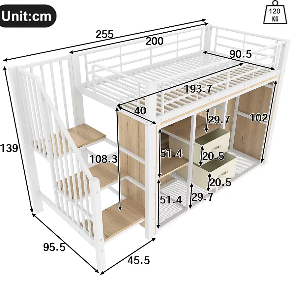 Okwish Lit Mezzanine 90x200 cm, Lit Enfant avec Éclairage LED, Armoire Ouverte, Escalier et Barre de Sécurité - Sans Matelas - Blanc Clearance