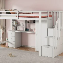 Okwish Lit Mezzanine 90x200 cm, Lit Enfant avec Bureau et Armoire, Escalier Rangement et Tiroirs, en MDF, Blanc - sans Matelas New