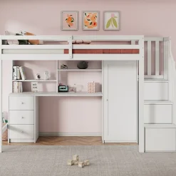 Okwish Lit Mezzanine 90x200 cm, Lit Enfant avec Bureau et Armoire, Escalier Rangement et Tiroirs, en MDF, Blanc - sans Matelas New