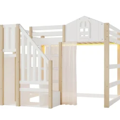 Okwish Lit Mezzanine 140x200 cm, Lit Enfant et Ado, avec LED et Échelle Rangement, Pin et MDF, sans Matelas - Blanc et Naturel