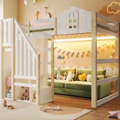 Okwish Lit Mezzanine 140x200 cm, Lit Enfant et Ado, avec LED et Échelle Rangement, Pin et MDF, sans Matelas - Blanc et Naturel