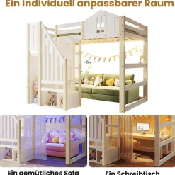 Okwish Lit Mezzanine 140x200 cm, Lit Enfant et Ado, avec LED et Échelle Rangement, Pin et MDF, sans Matelas - Blanc et Naturel