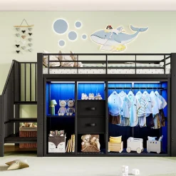 Okwish Lit Mezzanine 90x200 cm, Lit Enfant Simple avec LED et 2 Tiroirs, Armoire Ouverte, Métal MDF, Sans Matelas, Noir Sale