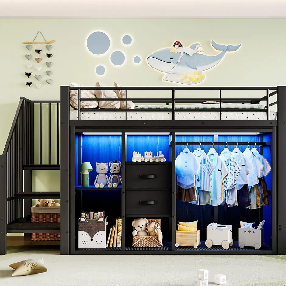 Okwish Lit Mezzanine 90x200 cm, Lit Enfant Simple avec LED et 2 Tiroirs, Armoire Ouverte, Métal MDF, Sans Matelas, Noir Sale