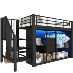 Okwish Lit Mezzanine 90x200 cm, Lit Enfant Simple avec LED et 2 Tiroirs, Armoire Ouverte, Métal MDF, Sans Matelas, Noir Sale