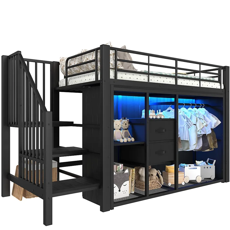 Okwish Lit Mezzanine 90x200 cm, Lit Enfant Simple avec LED et 2 Tiroirs, Armoire Ouverte, Métal MDF, Sans Matelas, Noir Sale