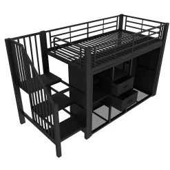 Okwish Lit Mezzanine 90x200 cm, Lit Enfant Simple avec LED et 2 Tiroirs, Armoire Ouverte, Métal MDF, Sans Matelas, Noir Sale