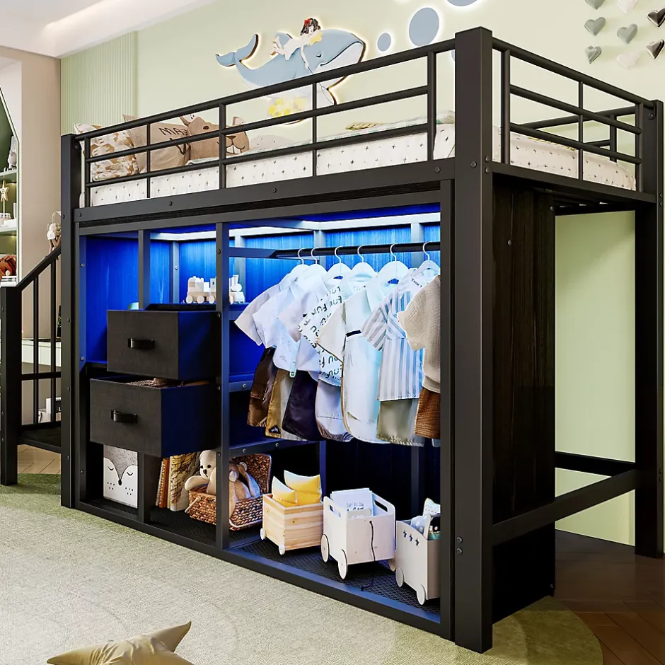 Okwish Lit Mezzanine 90x200 cm, Lit Enfant Simple avec LED et 2 Tiroirs, Armoire Ouverte, Métal MDF, Sans Matelas, Noir Sale