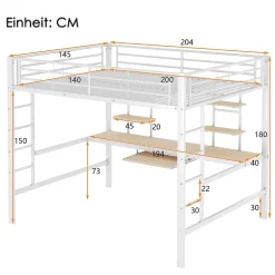 Okwish Lit mezzanine 140x200 cm, Lit enfant/ado avec bureau et 2 étagères - Métal + MDF - Sans matelas - Blanc