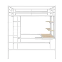 Okwish Lit mezzanine 140x200 cm, Lit enfant/ado avec bureau et 2 étagères - Métal + MDF - Sans matelas - Blanc
