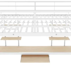 Okwish Lit mezzanine 140x200 cm, Lit enfant/ado avec bureau et 2 étagères - Métal + MDF - Sans matelas - Blanc