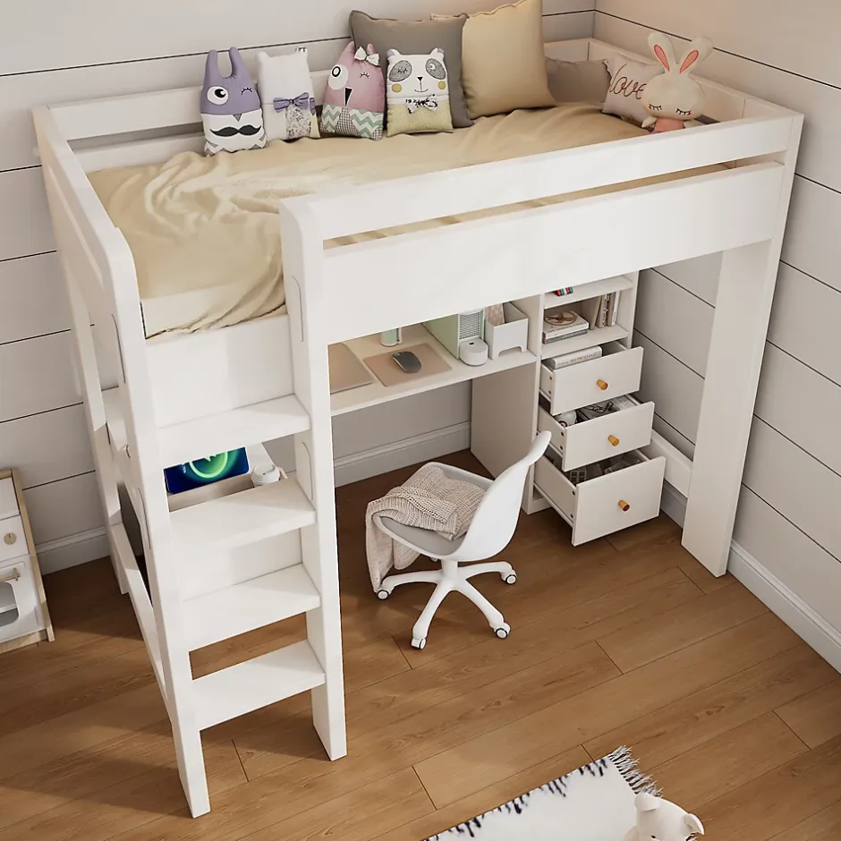 Okwish Lit mezzanine 90x200 cm, lit simple avec bureau en L, rangements et tiroirs, échelle, MDF/bois massif, blanc, sans matelas Online