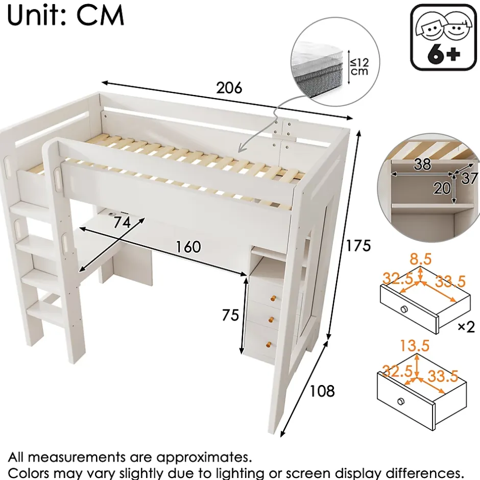 Okwish Lit mezzanine 90x200 cm, lit simple avec bureau en L, rangements et tiroirs, échelle, MDF/bois massif, blanc, sans matelas Online