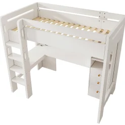 Okwish Lit mezzanine 90x200 cm, lit simple avec bureau en L, rangements et tiroirs, échelle, MDF/bois massif, blanc, sans matelas Online