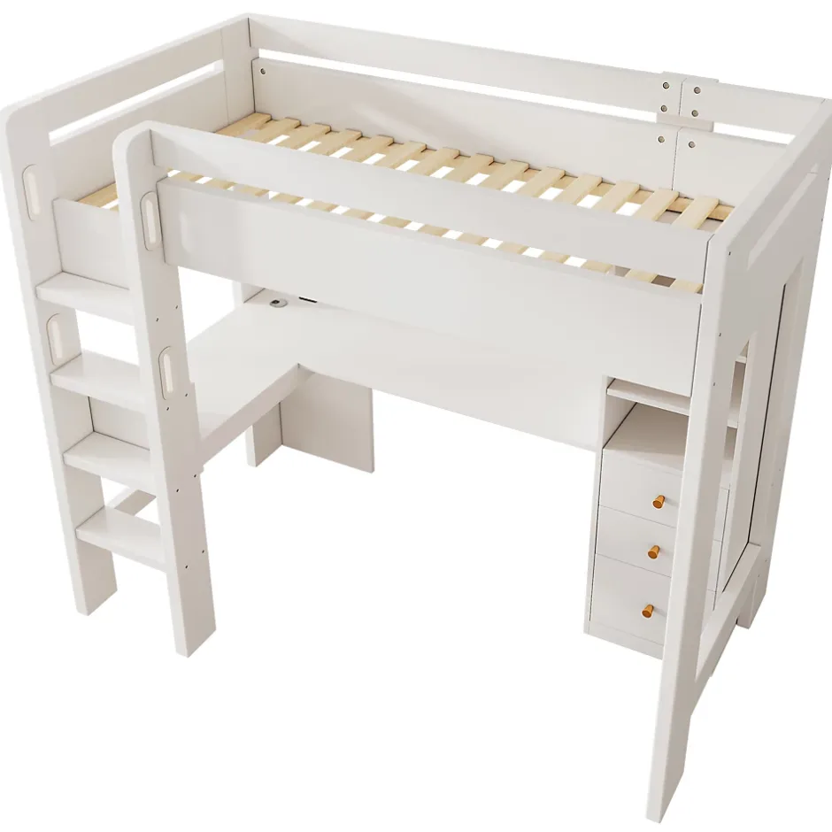 Okwish Lit mezzanine 90x200 cm, lit simple avec bureau en L, rangements et tiroirs, échelle, MDF/bois massif, blanc, sans matelas Online