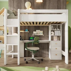 Okwish Lit mezzanine 90x200 cm, lit simple avec bureau en L, rangements et tiroirs, échelle, MDF/bois massif, blanc, sans matelas Online