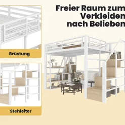 Okwish Lit Mezzanine 140x200 cm Métal Blanc avec Éclairage LED, Escalier Intégré et Garde-Corps, Lit Ado ou Adulte Hot