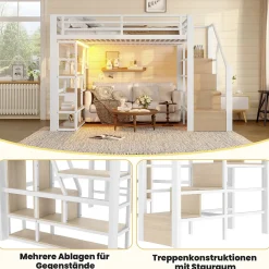 Okwish Lit Mezzanine 140x200 cm Métal Blanc avec Éclairage LED, Escalier Intégré et Garde-Corps, Lit Ado ou Adulte Hot