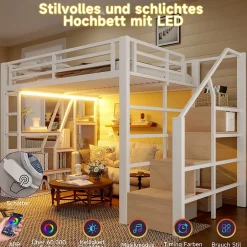 Okwish Lit Mezzanine 140x200 cm Métal Blanc avec Éclairage LED, Escalier Intégré et Garde-Corps, Lit Ado ou Adulte Hot