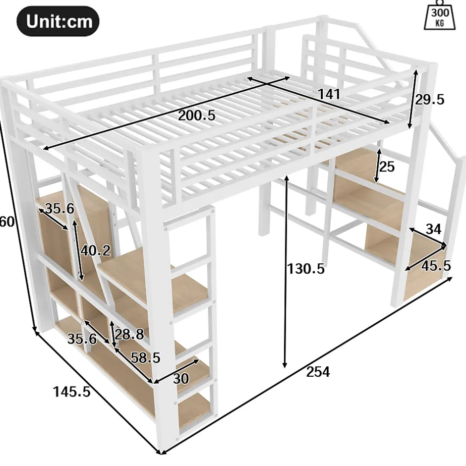 Okwish Lit Mezzanine 140x200 cm Métal Blanc avec Éclairage LED, Escalier Intégré et Garde-Corps, Lit Ado ou Adulte Hot