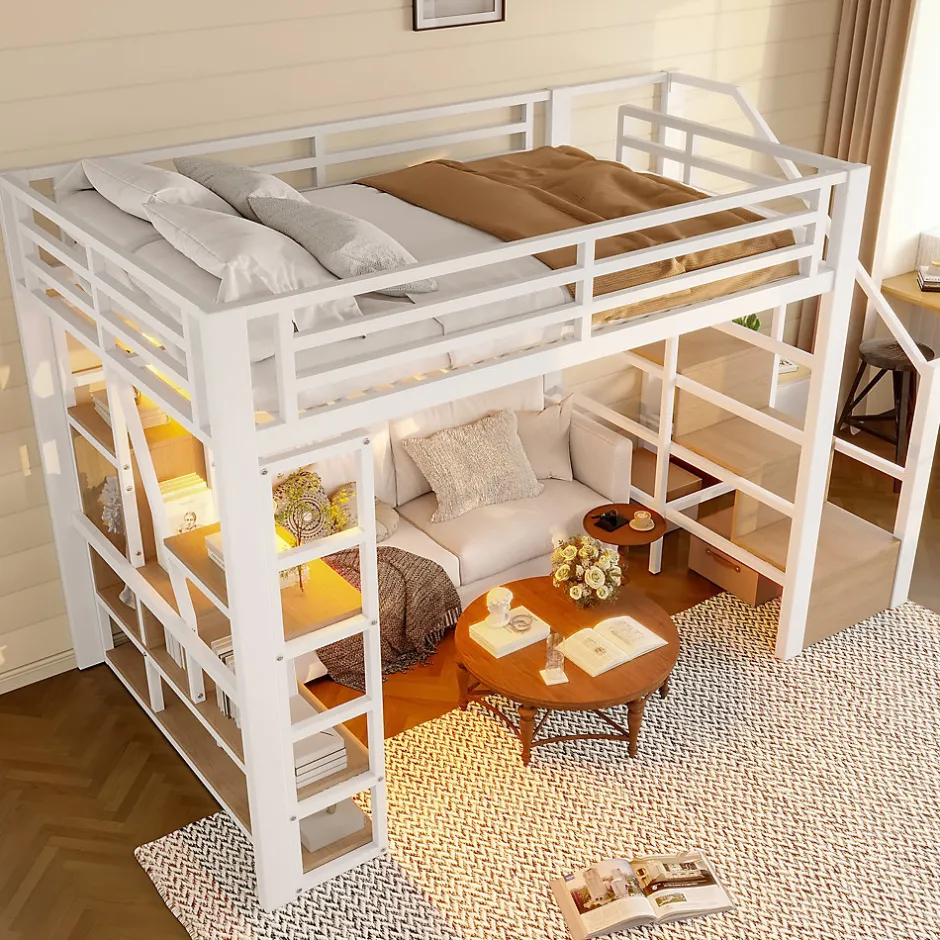 Okwish Lit Mezzanine 140x200 cm Métal Blanc avec Éclairage LED, Escalier Intégré et Garde-Corps, Lit Ado ou Adulte Hot