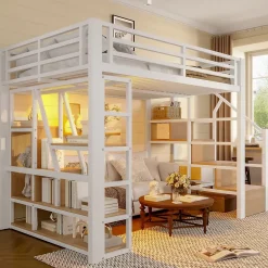 Okwish Lit Mezzanine 140x200 cm Métal Blanc avec Éclairage LED, Escalier Intégré et Garde-Corps, Lit Ado ou Adulte Hot