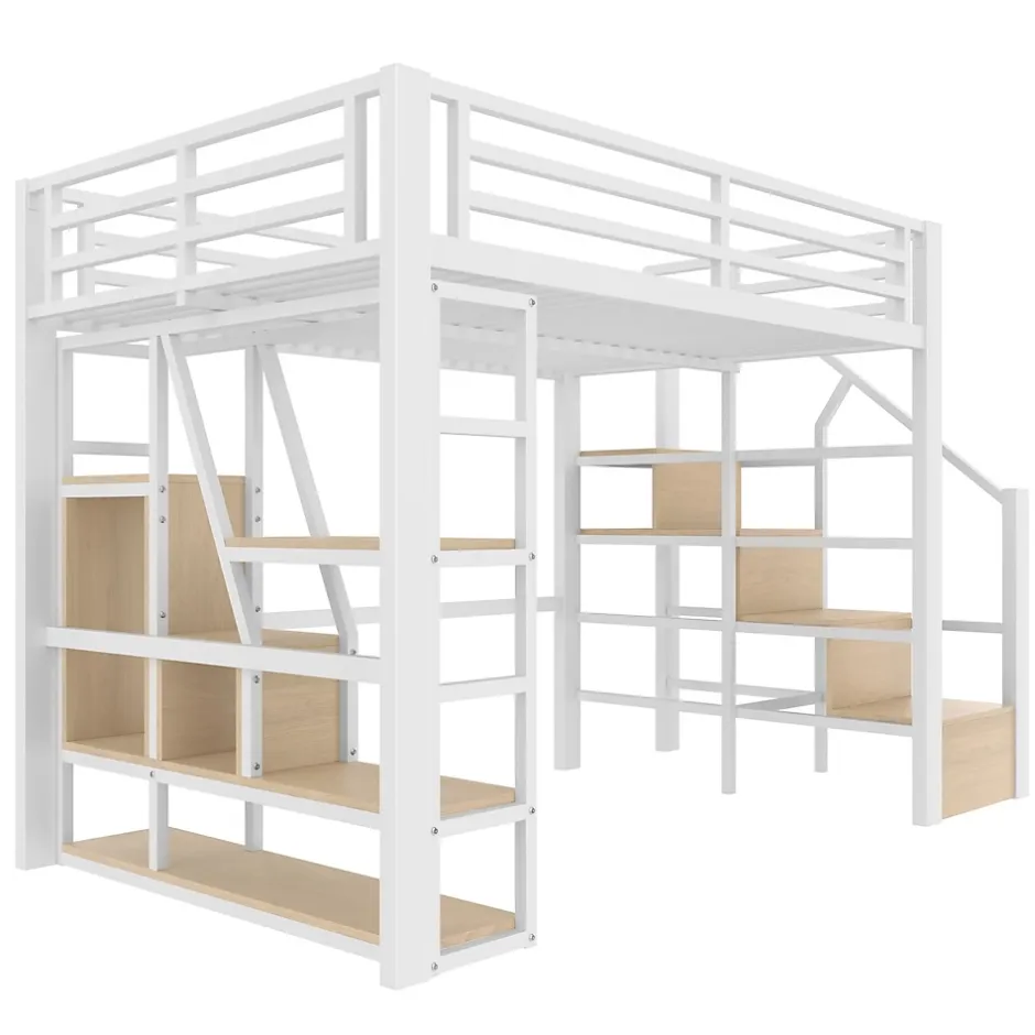 Okwish Lit Mezzanine 140x200 cm Métal Blanc avec Éclairage LED, Escalier Intégré et Garde-Corps, Lit Ado ou Adulte Hot