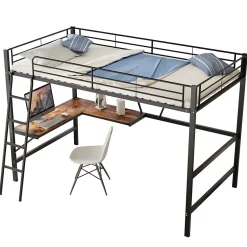 ProximaX Lit mezzanine 90x200 cm métal, surélevé, échelle, bureau en L et étagère intégrée, pour enfants et adolescents, Noir Sale