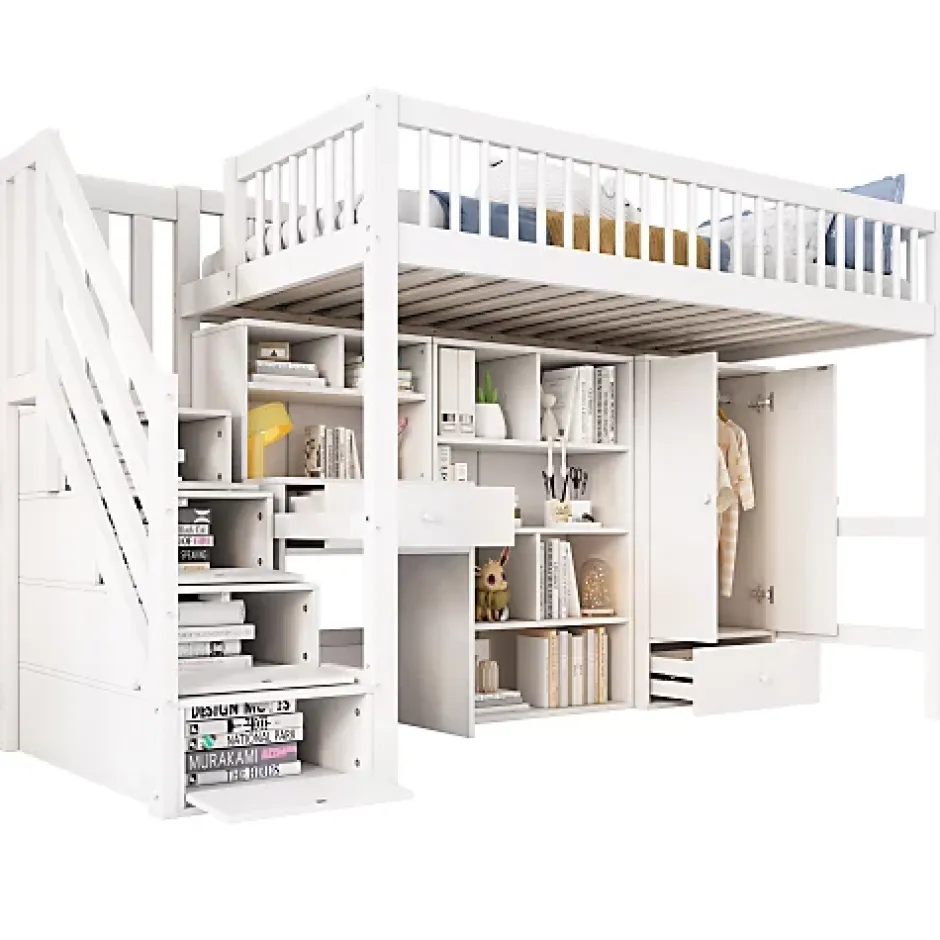 ModernLuxe Lit mezzanine 90x200 cm multifonctionnel en bois et MDF - avec escalier de rangement, bureau et armoire - Blanc(sans matelas) Hot
