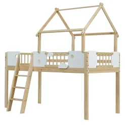 Okwish Lit mezzanine 90x200 cm simple avec échelle 3 niveaux et protection, bois pin MDF contreplaqué blanc et naturel sans matelas Clearance