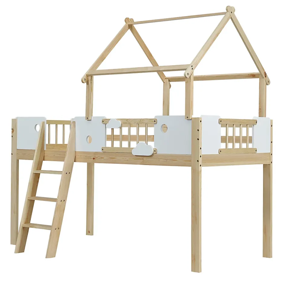 Okwish Lit mezzanine 90x200 cm simple avec échelle 3 niveaux et protection, bois pin MDF contreplaqué blanc et naturel sans matelas Clearance