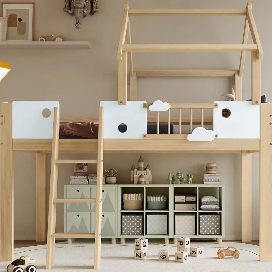 Okwish Lit mezzanine 90x200 cm simple avec échelle 3 niveaux et protection, bois pin MDF contreplaqué blanc et naturel sans matelas Clearance