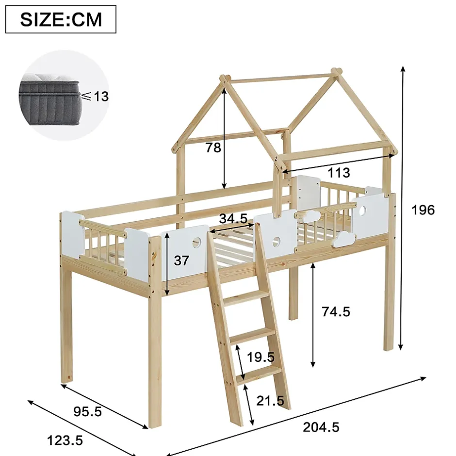 Okwish Lit mezzanine 90x200 cm simple avec échelle 3 niveaux et protection, bois pin MDF contreplaqué blanc et naturel sans matelas Clearance