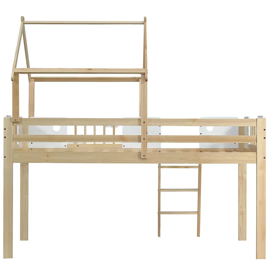 Okwish Lit mezzanine 90x200 cm simple avec échelle 3 niveaux et protection, bois pin MDF contreplaqué blanc et naturel sans matelas Clearance