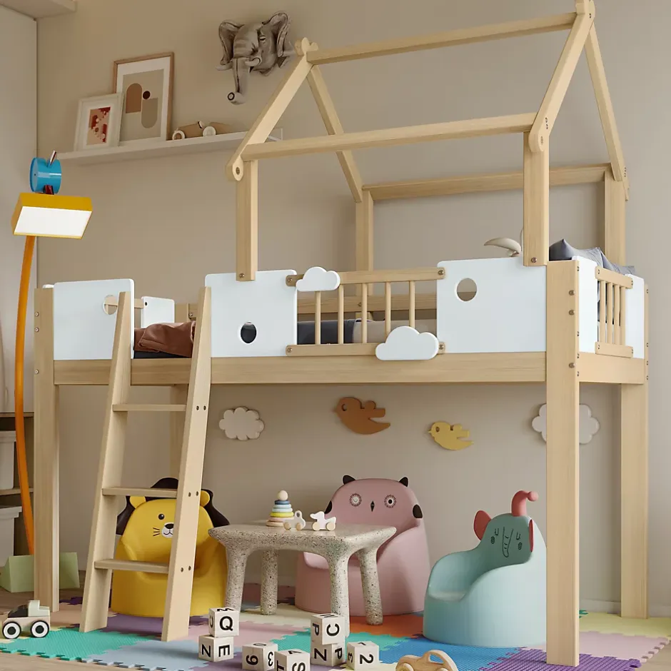 Okwish Lit mezzanine 90x200 cm simple avec échelle 3 niveaux et protection, bois pin MDF contreplaqué blanc et naturel sans matelas Clearance