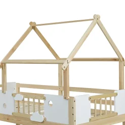 Okwish Lit mezzanine 90x200 cm simple avec échelle 3 niveaux et protection, bois pin MDF contreplaqué blanc et naturel sans matelas Clearance
