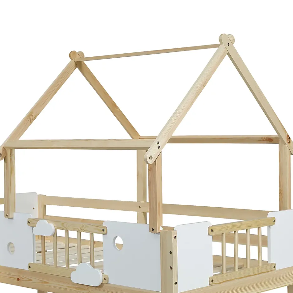 Okwish Lit mezzanine 90x200 cm simple avec échelle 3 niveaux et protection, bois pin MDF contreplaqué blanc et naturel sans matelas Clearance