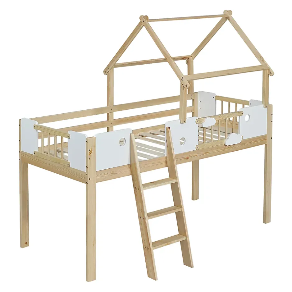 Okwish Lit mezzanine 90x200 cm simple avec échelle 3 niveaux et protection, bois pin MDF contreplaqué blanc et naturel sans matelas Clearance