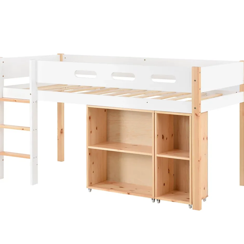 Okwish Lit mezzanine 90x200 cm simple enfant avec armoires amovibles et protection antichute, pin et MDF, naturel et blanc sans matelas Outlet
