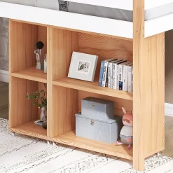 Okwish Lit mezzanine 90x200 cm simple enfant avec armoires amovibles et protection antichute, pin et MDF, naturel et blanc sans matelas Outlet