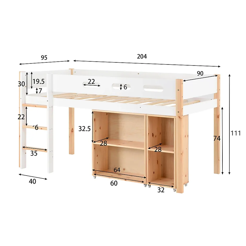 Okwish Lit mezzanine 90x200 cm simple enfant avec armoires amovibles et protection antichute, pin et MDF, naturel et blanc sans matelas Outlet