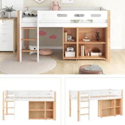 Okwish Lit mezzanine 90x200 cm simple enfant avec armoires amovibles et protection antichute, pin et MDF, naturel et blanc sans matelas Outlet