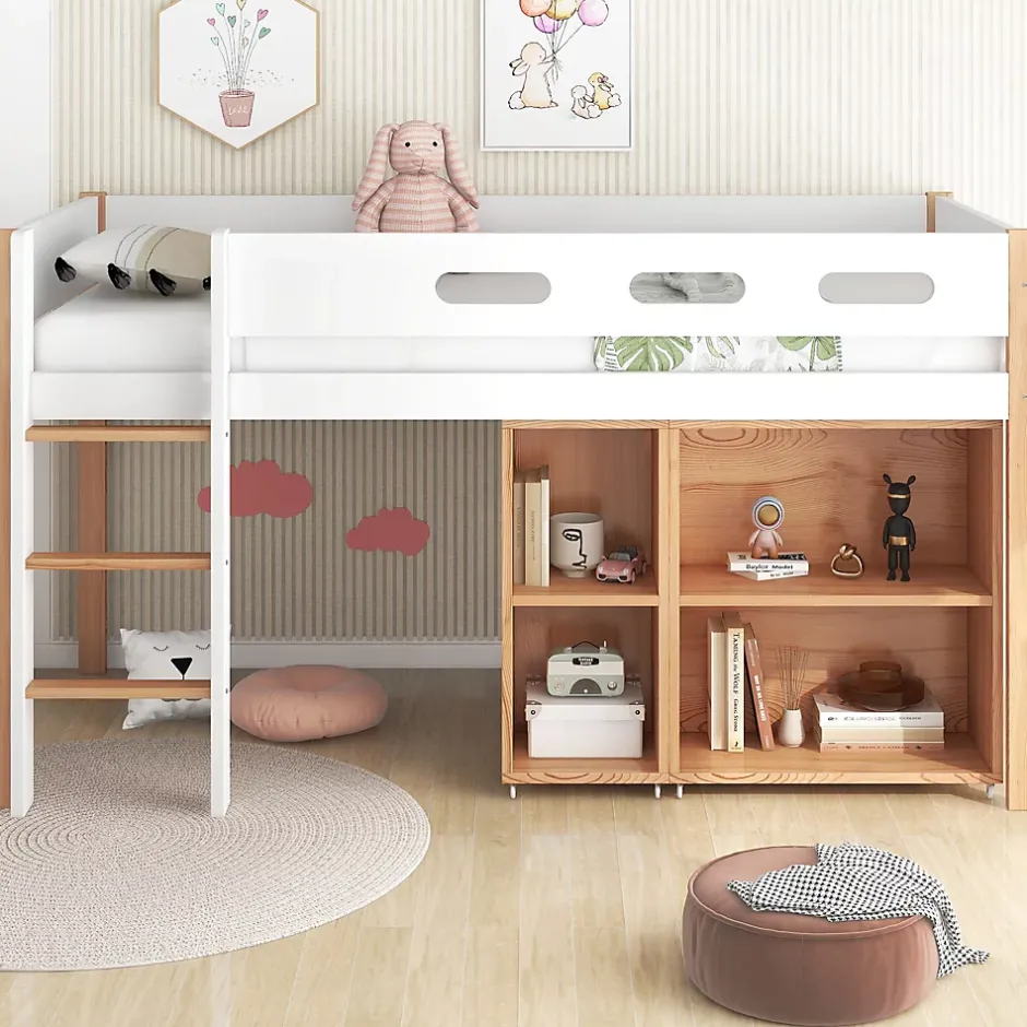 Okwish Lit mezzanine 90x200 cm simple enfant avec armoires amovibles et protection antichute, pin et MDF, naturel et blanc sans matelas Outlet