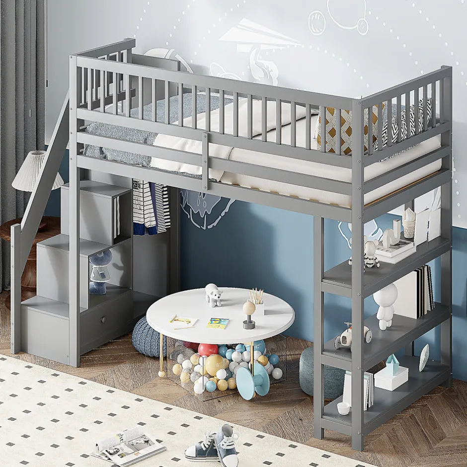 Okwish Lit mezzanine 90x200 cm simple avec rangement, escalier sécurisé, placard et étagères, bois massif et MDF gris sans matelas