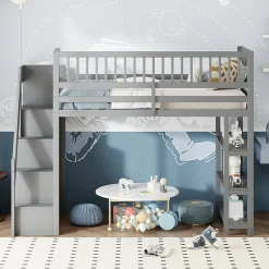 Okwish Lit mezzanine 90x200 cm simple avec rangement, escalier sécurisé, placard et étagères, bois massif et MDF gris sans matelas