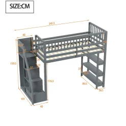 Okwish Lit mezzanine 90x200 cm simple avec rangement, escalier sécurisé, placard et étagères, bois massif et MDF gris sans matelas